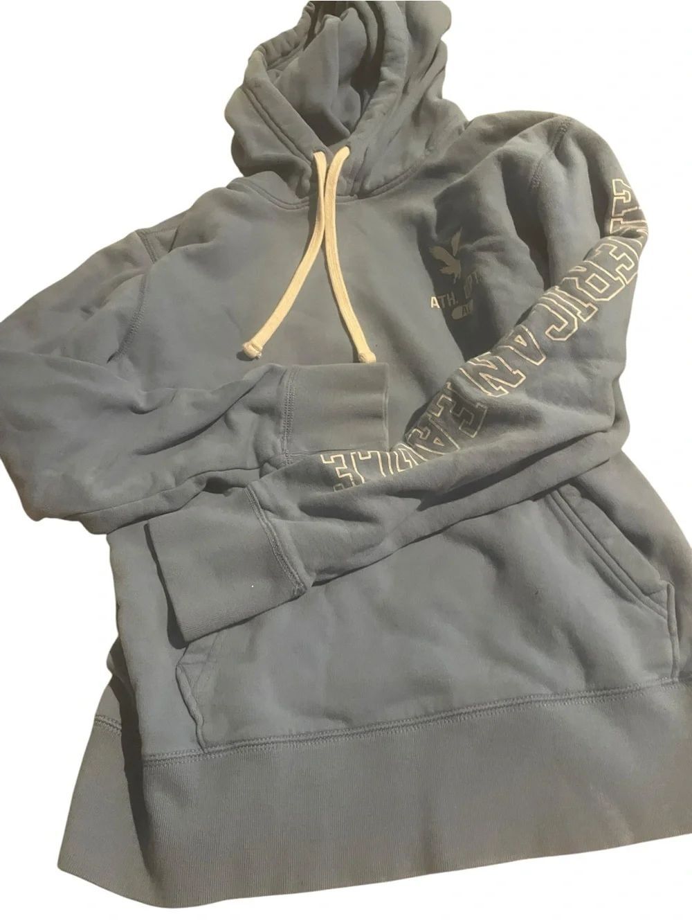 Athleta Slate Blue Pullover Hoodie with Cream Drawstrings
